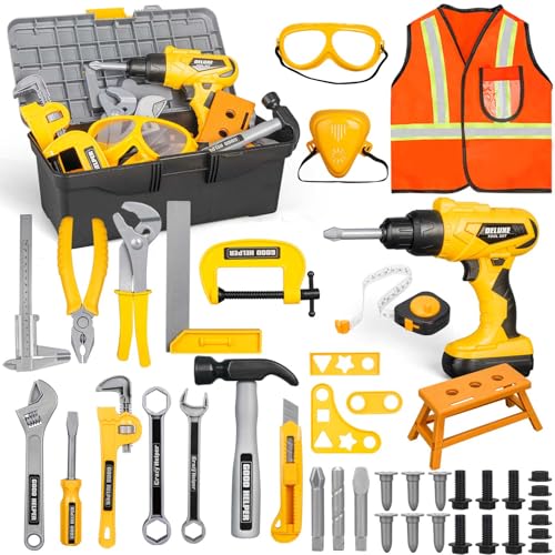 Zealous 48pcs Kids Tool Set with Tool Box & Electronic Toy Drill, Pretend Play Kids Construction Kits for Kids Ages 3-5 Years Old, Toddler Boy Toys (Yellow)