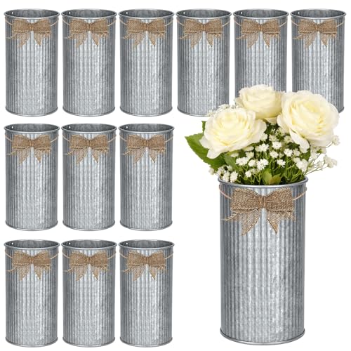 Cinrobiye 12 Set Rustic Galvanized Metal Vase for Table Centerpieces 5.9 Inch Farmhouse Flower Bucket with Twine Bow Vintage Vase for Artificial Flowers Wedding Reception Dining Table Home Decor