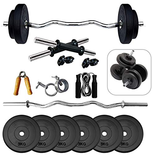 GRT Gym Equipment Combo PVC plastic one 3 feet curl Rod Dumbbell Set Comes with Gym Accessories for Home Workout- 3 kg x 6, multicolour