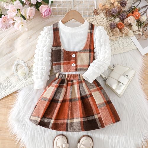 Image of Toddler Girls Christmas Outfits Girls Puff Sleeve Knit Ribbed Tops Button Down Vest Plaid Skirt Set Winter Clothes
