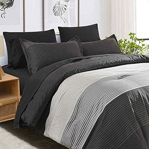 Faincy 7 Pcs Queen Size Comforter Set with Sheets, Black and Grey Patchwork Striped Pattern Printed Alternative Bed Sets - 90 x 90 Soft Microfiber Modern Bedding in a Bag for Women Men, Gray