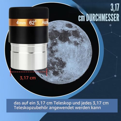 Svbony Okular Teleskop 4mm, HD Vollbeschichtetes Teleskop Okular Asphärische Linse 62 Grad Weitwinkel, 1,25 Zoll Teleskop-Zubehör mit Filtergewinde für die Beobachtung von Mond, Jupiter und Planeten
