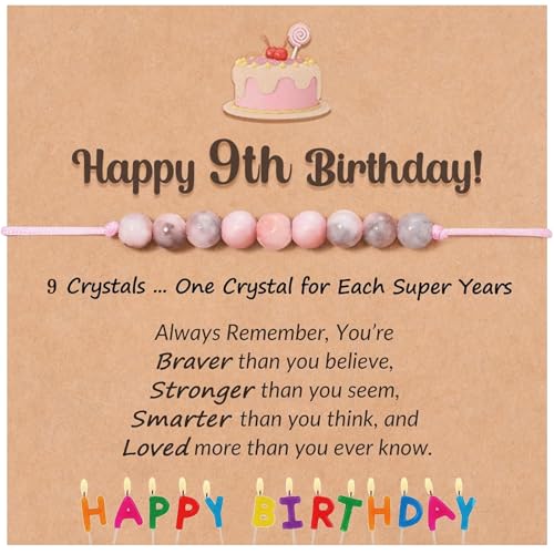 Mezrkuwr Regalos de cumpleaños para niñas, pulsera de piedra natural rosa con tarjeta de mensaje para hija/nieta/sobrina, regalo de cumpleaños para niñas, 9 años, L