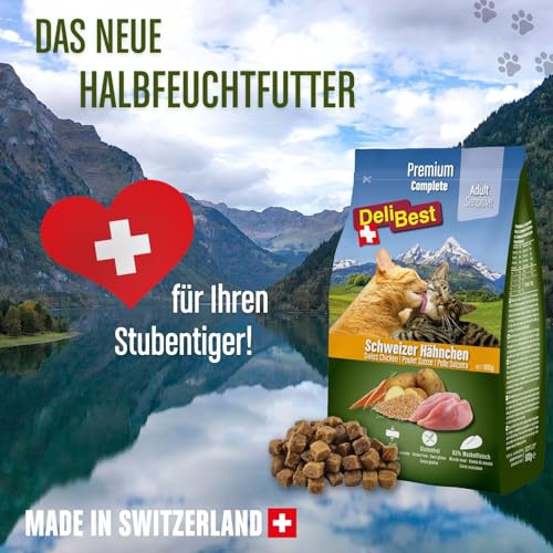 DeliBest Adult Sensitive Complete Cat Hähnchen I Trockenfutter für Katzen I aus 100% Schweizer Hähnchenfleisch I Glutenfrei, & ohne Zusätze I Katzenfutter kaltgepresst I 600 g