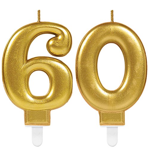 Carpeta Lot de 2 bougies en forme de chiffre - 60 - Doré - 11 x 9 cm - Décoration pour mariage, anniversaire