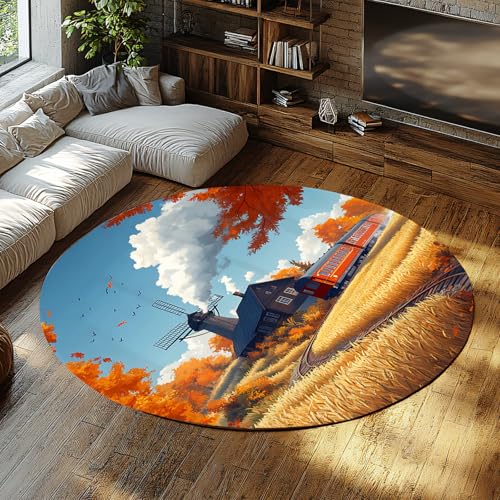 BYLEEHOMED Alfombra Circular de Campo de otoño 120 cm Alfombra Redonda Lavable Antideslizante para Sala de Estar Molino de Viento de Campo Entrada de Cocina con Estampado de Campo de Trigo
