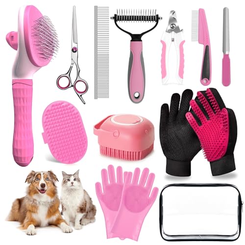Dog Brush, 13Pcs Pet Grooming Kit with Deshedding Brush for Dogs and Dog Nail Clippers, Cat Grooming Supplies with Pet Hair Removal Gloves, Dematting Comb Brush Shampoo Scrubber for Short & Long Haired Dogs / Cats (Pink 13pcs)