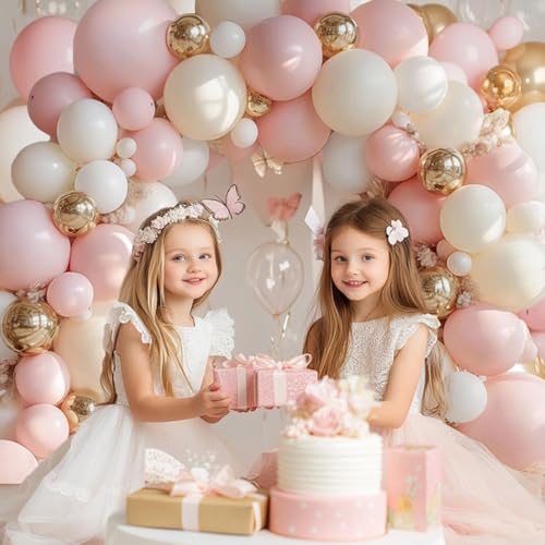 Image of Pink Beige White Balloons Arch Kit, Sand White,Gold,144 pcs, Different Size