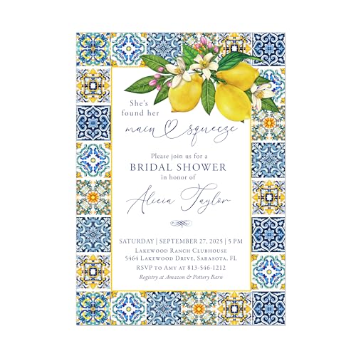 Mediterranean Blue and Yellow Tile Border Bridal Shower Invitation with