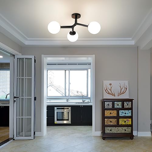 Image of Semi Flush Mount Ceiling Light Fixture 3-Light Black Modern Gold Chandelier with Globe Milky Frosted Glass Shade E12 Sputnik Ceiling Light for Kitchen, Hallway Light Fixtures Ceiling