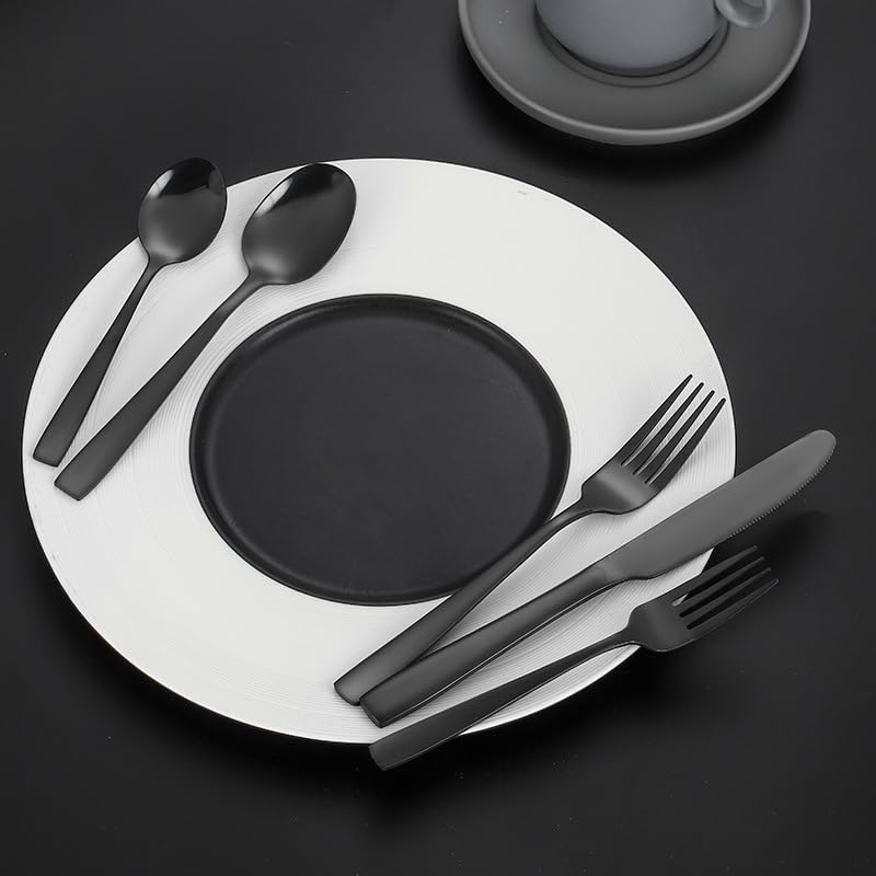 Ensemble de Couverts, 5/20/30/40/50/60 pièces, Couteau, Fourchette et cuillère en Acier Inoxydable – Manche carré, Service de Table 5 pièces Finition Miroir, Argent – Ensemble de 50 pièces p