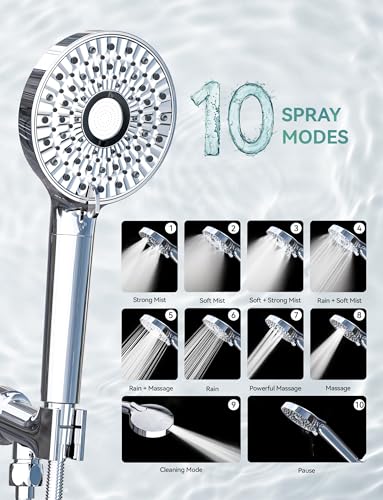 Image of Magichome Filtered Shower Head with Handheld, 10-Mode Adjustable Detachable Chrome Showerhead w /Stainless Hose, Water Softener Filter Beads for Hard Water - Remove Chlorine, Reduce Dry Itchy Skin