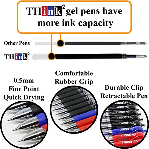 Image of [24 Pens - 3 Colors] Think2 Retractable Gel Pens. (18 Black, 3 Red, 3 Blue) Fine Point (0.5mm) Rollerball Pens with Comfort Grip.