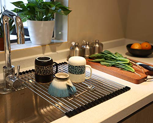 Ahyuan Roll-up Dish Drying Rack Foldable Stainless Steel Over Sink Rack Kitchen Drainer Rack Black 17.7''(L)X13''(W)