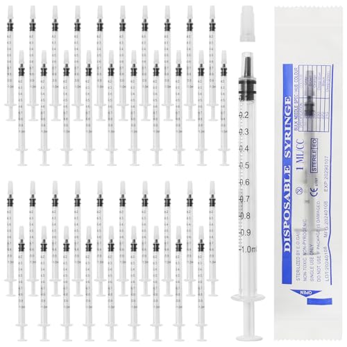 FINEASY Spritzen 1ml Ohne Nadel 40 Stück Kleine Spritzen 1ml Kolostrum Spritze mit Kappen Kunststoff Spritzen Kolostrum Sammler Steril für Tierfütterung Wissenschaftliche Labors Flüssigkeitsdosierung
