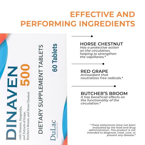 Image of Dulac Dinaven 500, Micronized Diosmin Hesperidin Dietary Supplement 1000mg per serving, Horse Chestnut Extract, Butcher's Broom & Red Grape Extract, Leg Circulation Support, 60 Tablets, Made in Italy