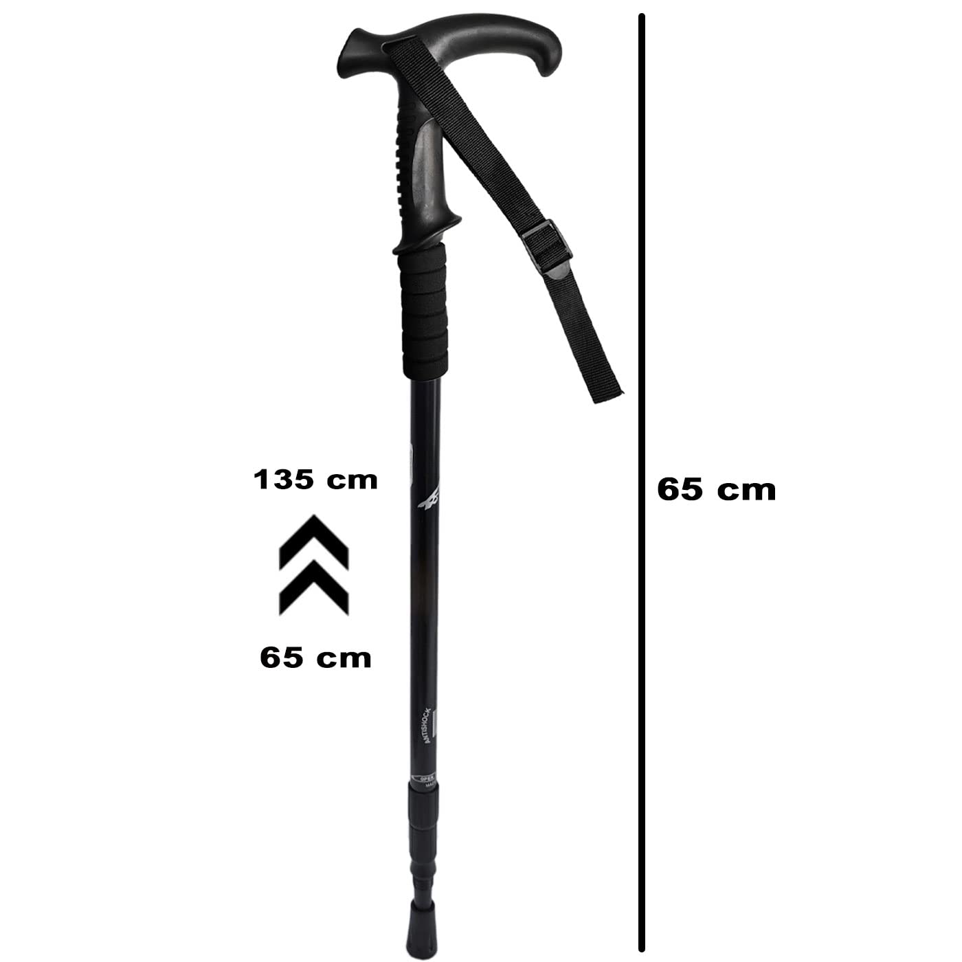Acan Tradineur - Bastón de Trekking Extensible, Mango en T ergonómico, Palo de Senderismo telescópico, Aluminio, Ultraligero, antichoque, Caminar, montaña, 65-135 cm, Color Aleatorio