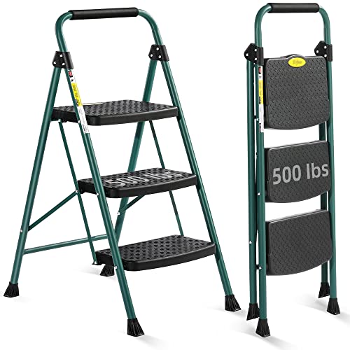3 Step Ladder,Folding Step Stools for Adults with Non-Slip Wide Pedal, Rubber Feet, Lightweight, 500 lbs Sturdy Portable Steel Ladders for Kitchen, Household, Storage Room
