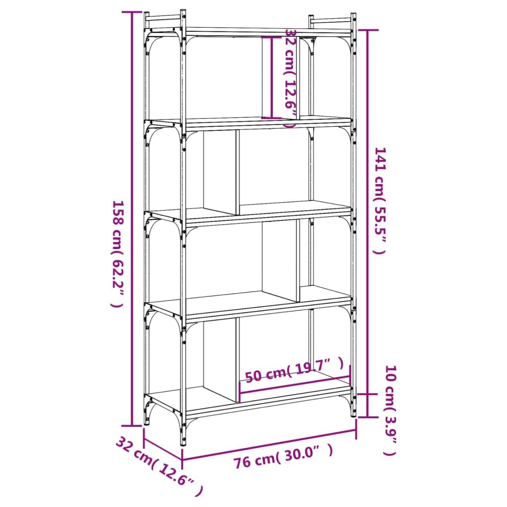 Estantería industrial de cinco niveles en gris Sonoma Librería de madera para libros y decoraciones, con tres estantes y trastero, estantería con estructura de metal y madera