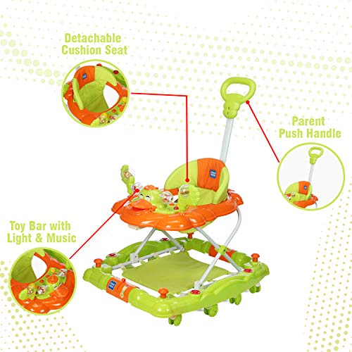 Image of Mee Mee Baby Walker & Rocker - 3 Level Adjustable Height, Foot Mat - Light & Musical Activity Tray - Detachable Cushioned Seat - 360 Rotational Wheels - 6-18 Months - 15kg - (Green)