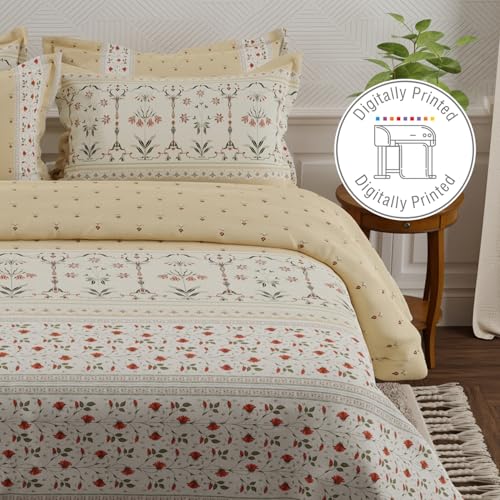 Image of BOUTIQUE LIVING Platinum Pulse 100% Cotton 800 TC Beige Digital Meenakari Print King Bedsheet with 4 Pillow Covers