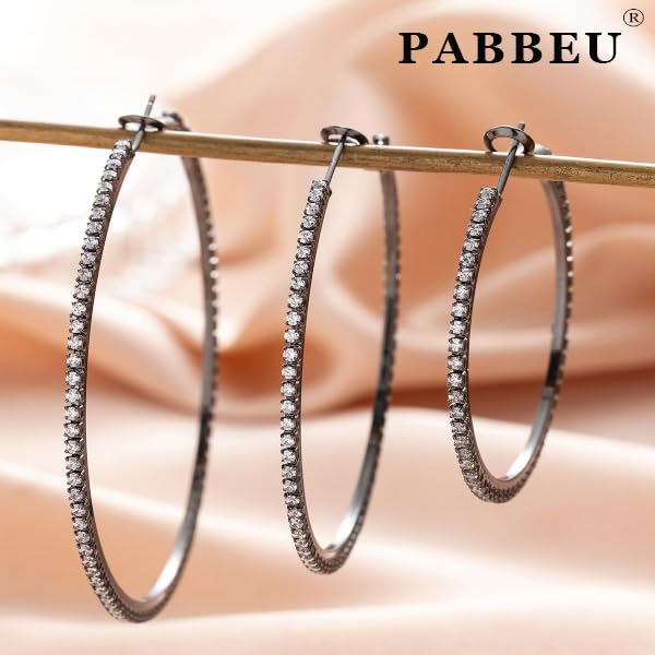 PABBEU 2mm 925 Sterling Silver Earrings Big Sterling Silver Hoop Earrings for Women Large Rhinestone Hoop Earrings Thin Hypoallergenic Cubic Zirconia Earrings for Women 30/40/50/60/70mm