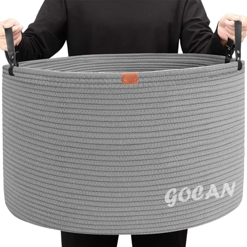 Image of GOCAN Extra Large Storage Laundry Basket 22" X 22"X 14" Cotton Rope Woven Basket for Blanket with Handles for Living Room Toys Storage XXXL (Gery)