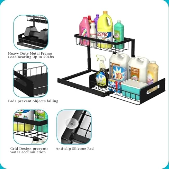 Under Sink Organizer, Pull Out Cabinet Organizer 2 Tier Slide Out Sink Shelf Cabinet Storage Shelves, Under Sink Storage for Kitchen Bathroom Cabinet (Black)