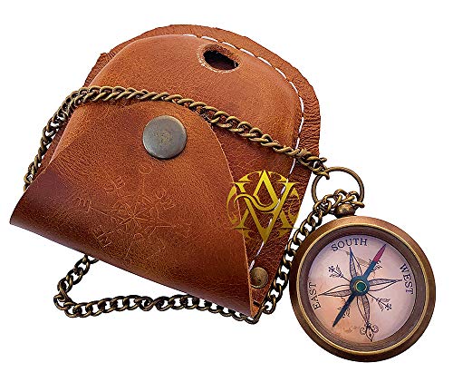 AV Nautical Brass Compass with Leather Case Pocket Watch Maritime Sailor Navigation Pirate Gift for Camping, Hiking, Birthday Baptism Gifts(Small, Royal Navy London)