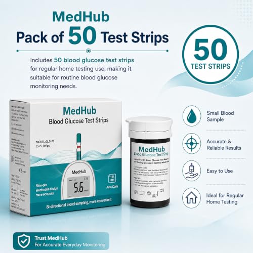 Image of Glucometer Test Strips, 50 Count | Compatible with MedHub Glucometer Only | Easy to Use, Small Blood Sample Needed, Fast Reading Support | Green