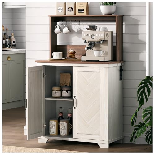 Farmhouse Coffee Bar Cabinet with Charging Station, 31.5" Kitchen Coffee Station, Coffee Bar Table with Storage, Adjustable Shelf and 6 Hooks, Buffet Cabinet for Living Room, Dining Room, White