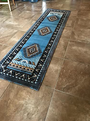 Kingdom Southwest Native American Runner Area Rug Blue & Brown Design D143 (2 Feet X 7 Feet) #TOP7