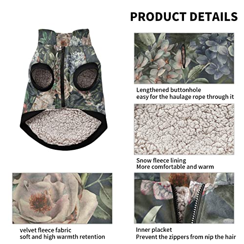 Oyihfvs Seamless Floral Flowers Roses With Green Leaves On Dark Winter Dog Coats, Dog Cold Weather Coat, Super Warm Fleece Pet Jackets Soft Cozy Coats For Small Medium Large Cats Dogs Pets L #TOP3