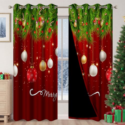 Kzzfqxb Merry Christmas Blackout Curtains,Colorful Xmas Balls Pine Leaves Glitter