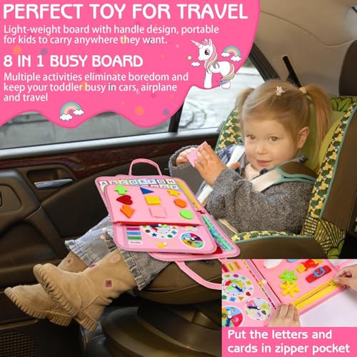Image of SHINETOY Montessori Busy Board Activity Book, Pink, Educational Learning Toy, Fine Motor Skills Development, Cognition and Hand-Eye Coordination, Portable Travel Toy with Handle, Fairy Pink