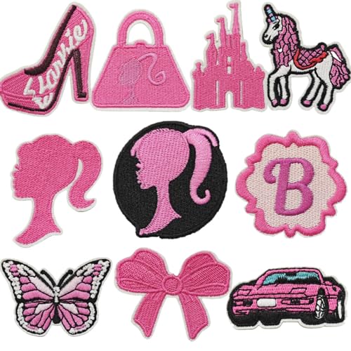10Pcs Hot Pink Girl Iron on Patches for Clothes Jeans Jackets Backpack Hats Bags, Cute Movie Doll Sew on Embroidered Vintage Letter Clothing Logo Patches, Costume Birthday Party Outfit Accessories
