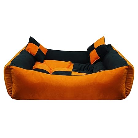Hiputee Ultra Soft Rectangular Reversible Bed for Dog and Cat with 2 Extra Pillows (Small, Orange Black)