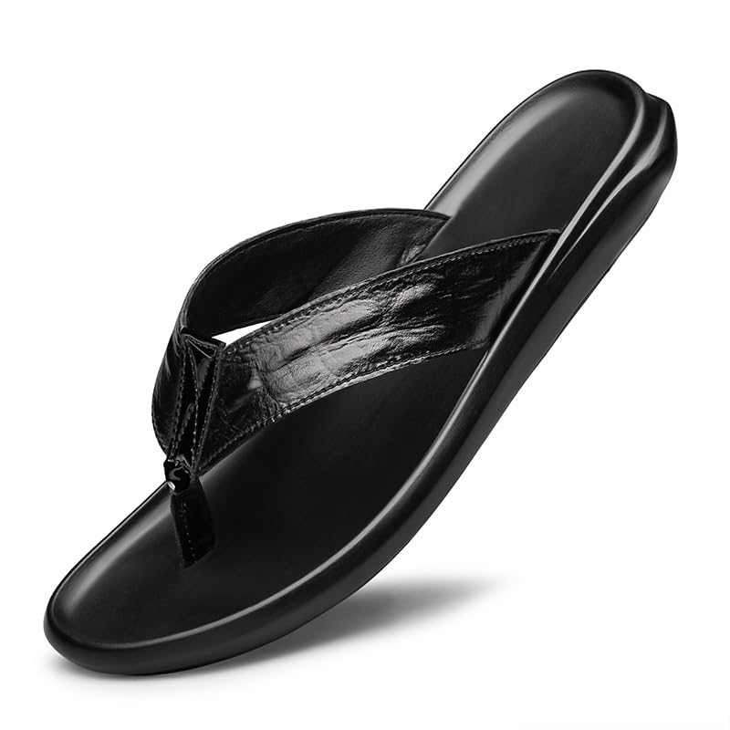Men's Black Genuine Leather Flip Flops, Casual Summer Flats with Rubber Outsoles