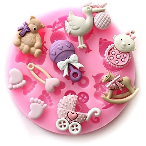 Lumanuby 1x Lovely Baby Shower 3D Silicone Fondant Mould of Footprints and Trojans Toy Bear Cake Cookie Biscuit Cupcake Toppers Decoration 7.7 x 7.7 x 0.8 cm Random Color Silicone Moulds Serie Cover