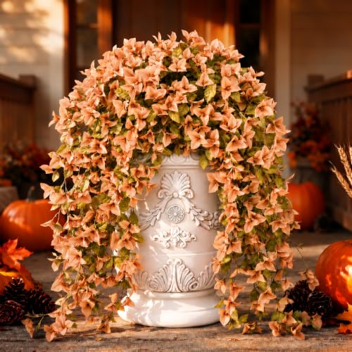 Image of Lewondr Artificial Fall Hanging Flowers UV Resistant Bougainvillea, Apricot | 2PCS Faux Silk Long Trailing Vines, Fade Proof, Fake Flowers for Autumn Decorations, Front Door Porch Planter Urn Patio