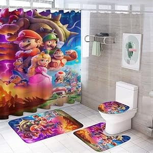 Awetmud Cartoon Game Shower Curtain Set with Non-Slip Rug, Toilet Lid Cover, Bath Mat，Decorative Bathroom Set