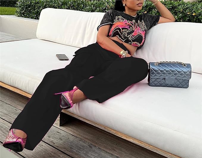 Satin Cargo Pants for Women High Waisted Multiple Pockets Wide Leg Trouser4