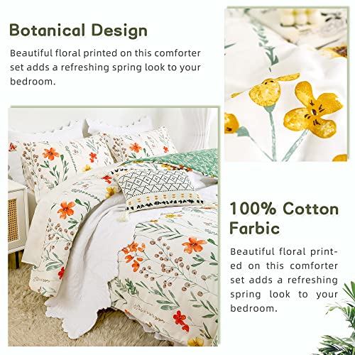 Cozytide King Size Comforter Set, Cotton White Floral Bedding Comforter Sets With Green Botanical Flower Printed 3Pcs Ultra Soft Microfiber Inner Fill Reversible Fluffy Spring Comforter Set #TOP2