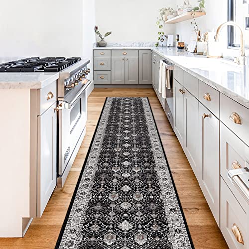 Hallway Washable Runner Rug - 2x10 Kitchen Rugs Entryway Rug Runner Vintage Soft Floor Mat Non Slip Indoor Farmhouse Carpet for Bathroom Living Room Bedroom(2 X 10, Black)