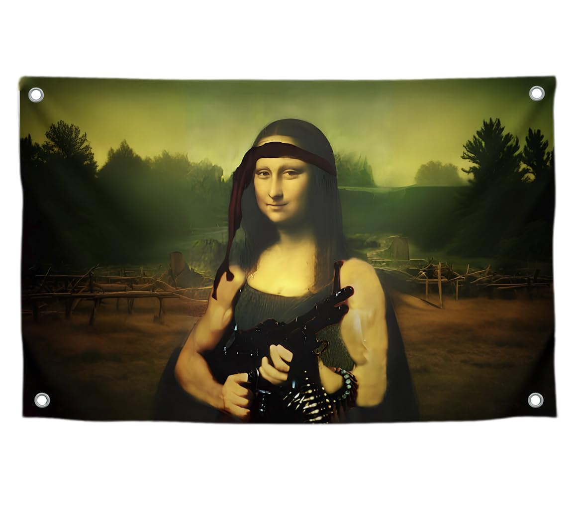 3x5 Feet Tapestry Flag Mona Lisa with a Machine Gun with Four Brass Grommets - Cool Flags for Decor Boys Room - Funny Gun Banner for Wall Decoration