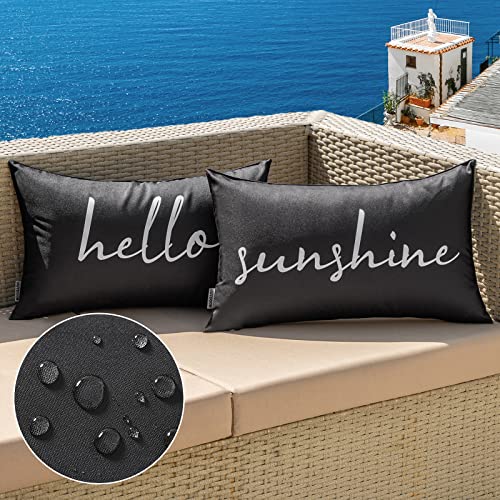 MIULEE Outdoor Waterproof Throw Pillow Covers Set of 2 Hello Sunshine Decorative Outdoor Rectangular Pillowcases for Chair Patio Garden Couch Tent Balcony Sofa Black 12x20 Inch