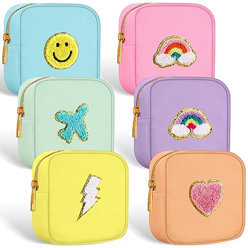 Zubebe 6 Pcs Preppy Patch Cute Makeup Bags Toiletry Bags Skincare Pouch Chenille Letter Nylon Bag for Purse Small Zipper Cosmetic Makeup Pouch Preppy Things for Travel(Fresh Color)