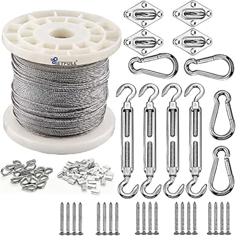 IETFULL Shade&Beyond Shade Sail Hardware Kit and 1/16'' Wire Rope with 50psc Thimbles and 50pcs Sleeves, Rectangle and Square Heavy Duty Sun Shade Sails Installation for Patio Lawn and Garden Cover