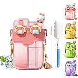 HiGropcore Kawaii Water Bottle Cute Water Bottles with Straw, Double Chamber Water Bottle with Adjustable Strap and Kawaii 3D Stickers, Portable Leakproof Water Jug, 26oz