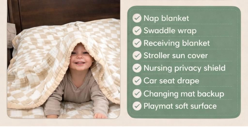 Luxurious Cotton Muslin Baby Blanket, Beige and White Checkered Pattern, Quilted Nursery Bedding, Soft Breathable Natural Fabric
